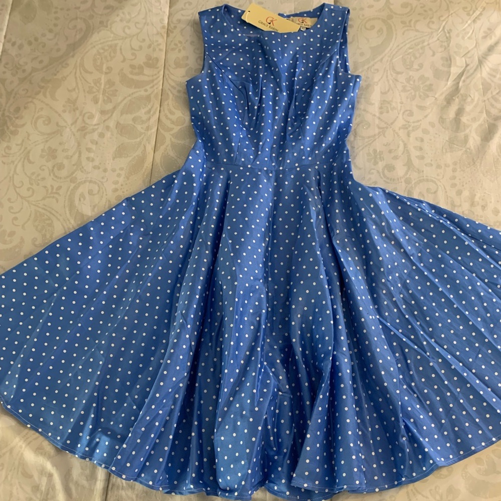 NWT Grace Karin Blue and white polkadot dress